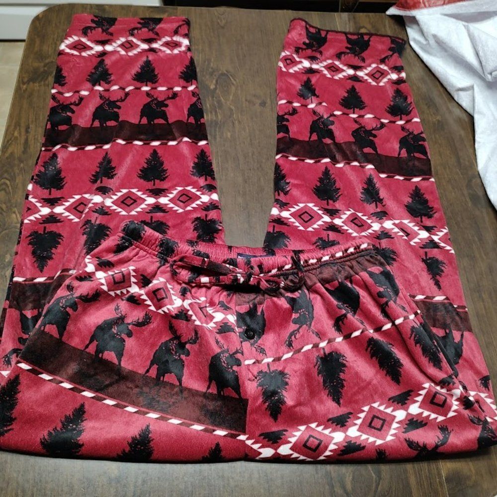 New Preswick & Moore Burgundy Moose Trees Silky Fleece Sleep Pants size Men's L